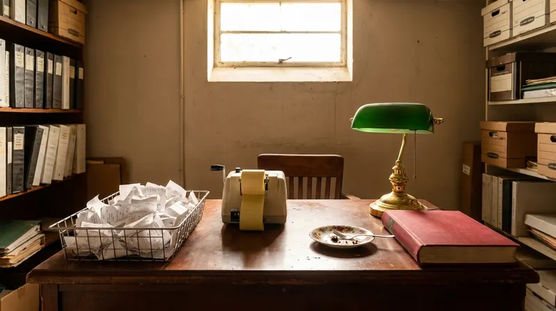 A wire basket of small paper receipts on a vintage wooden desk beside an adding machine, a brass lamp and a fork on a saucer
