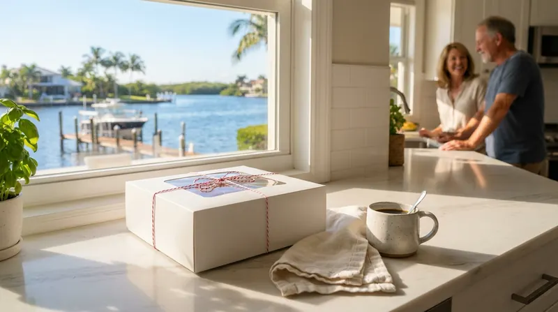 A white bakery box tied with red and white string on a sunny kitchen counter beside a window overlooking the Intracoastal Waterway