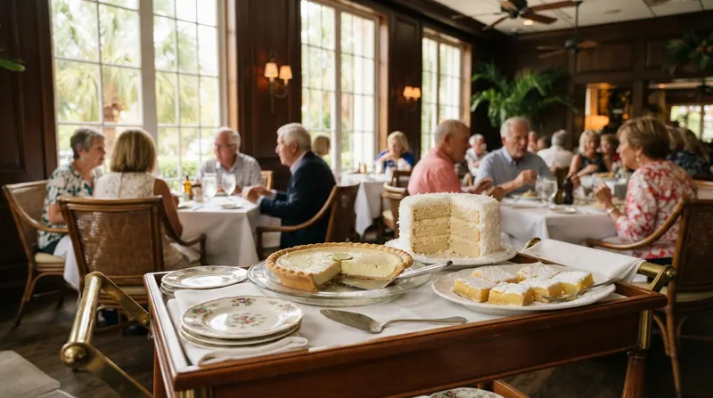 A dessert cart with key lime pie, coconut cake and lemon squares in an elegant club dining room in afternoon light