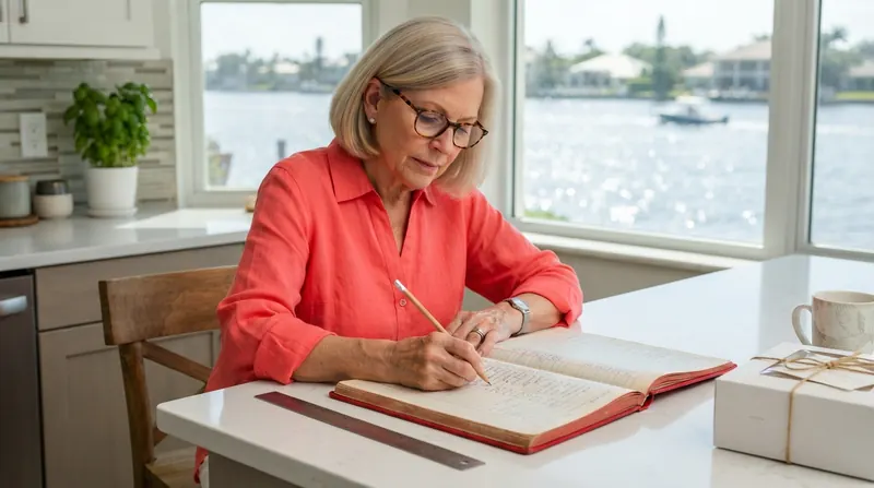 A woman in her sixties writing in a red double-column ledger at a sunny Florida kitchen counter with a steel ruler and a bakery box nearby
