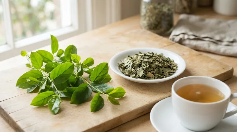 Fresh green gymnema vine leaves beside a small white dish of dried cut and sifted leaves on a wooden board