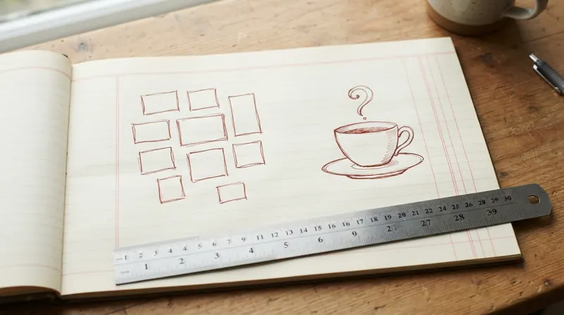 A hand-drawn comparison sketched in red ink on ledger paper showing ten small boxes of different sizes beside a single teacup