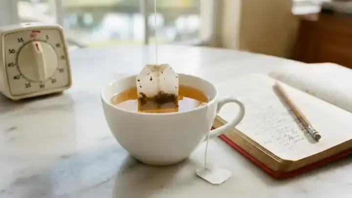 A tea bag steeping in a white porcelain cup on a sunny kitchen counter beside a kitchen timer, slow zoom